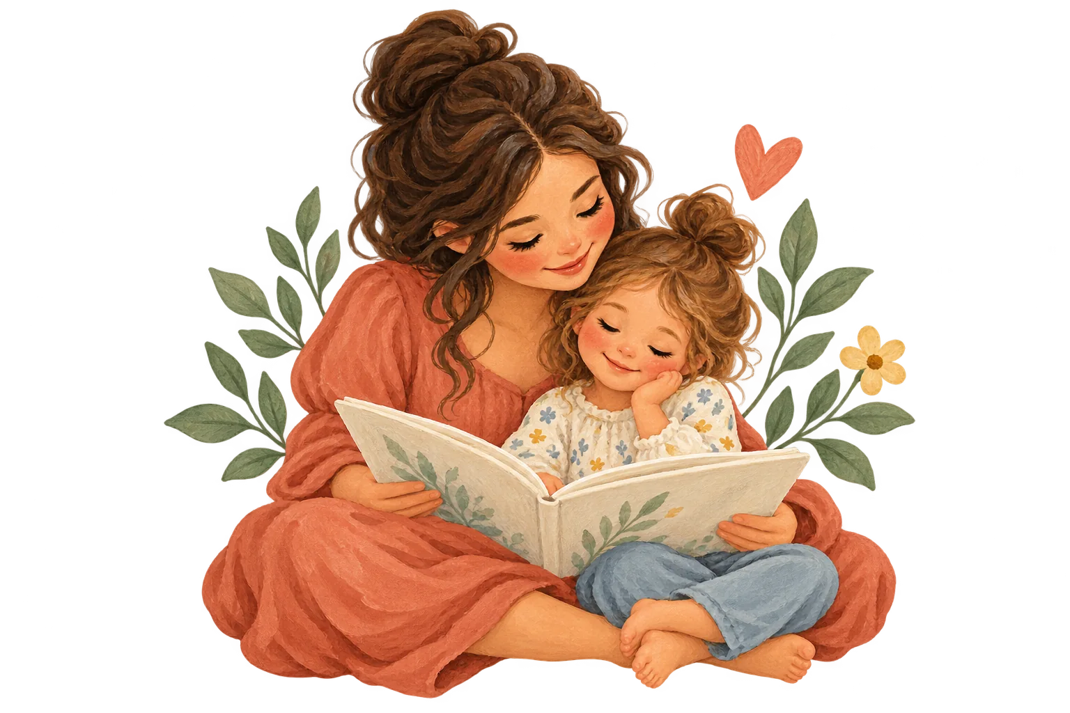 Gentle editorial illustration of a parent and child together